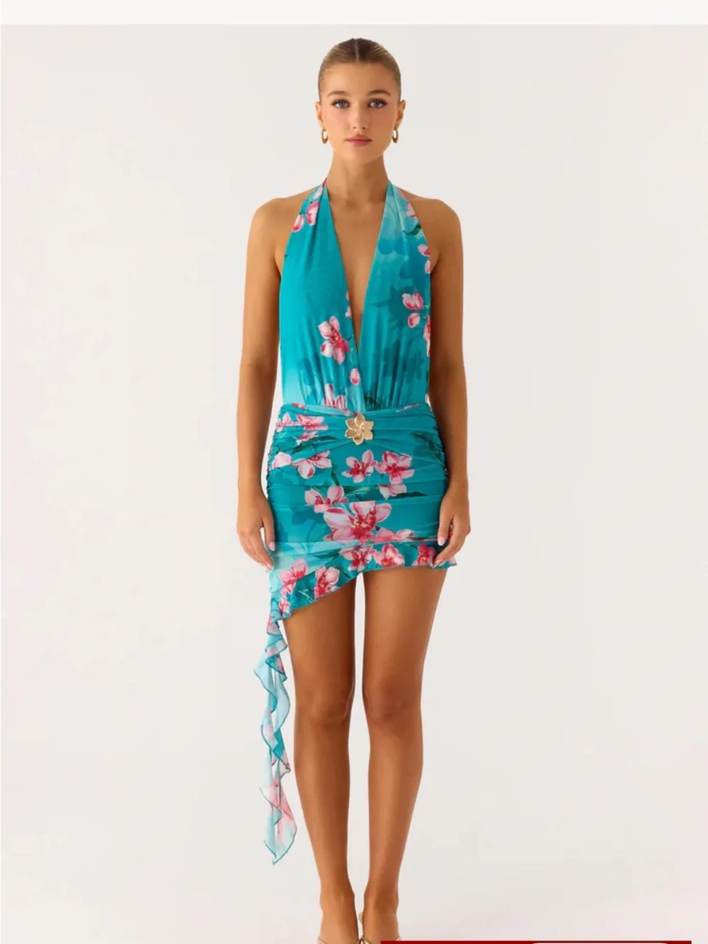 Peppermayo Teal Halter Mini Dress with Pink Floral Print - Picture 3 of 5